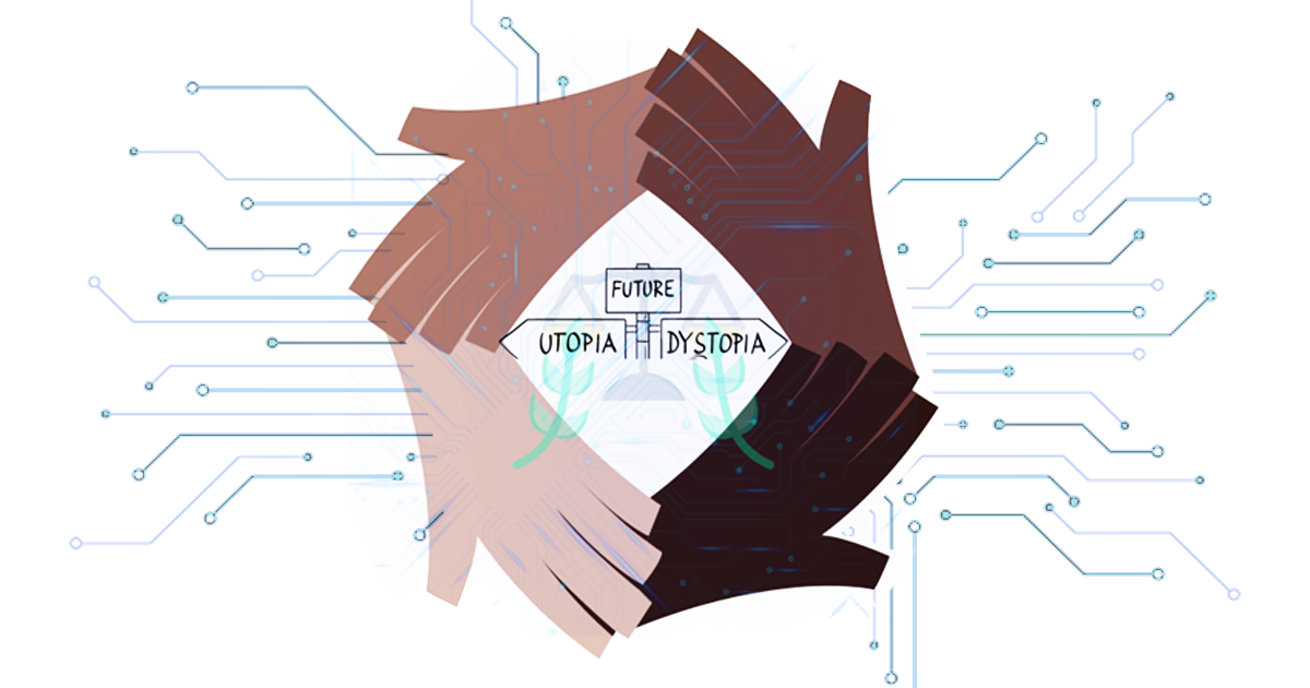 Illustration showing hands with different skin colours connected around three pathway signs: Utopia pointing to the left, future ahead, Dystopia to the right. 