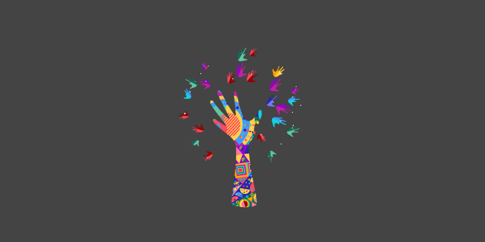 A multicoloured patterned hand and forearm reaching upwards, on a grey background. Many signle coloured hands are fluttering around the hand like butterflies. 